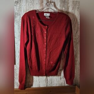 Elegant Red Cardigan with Floral Details